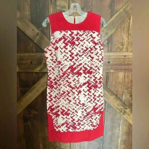 LONGCHAMP Brick Red Geometric Print Linen Blend Sleeveless Dress IT 38 US 2